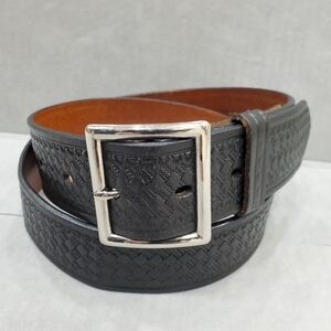Don Hume belt men's 38 black tooled leather weave print snap on silver buckle